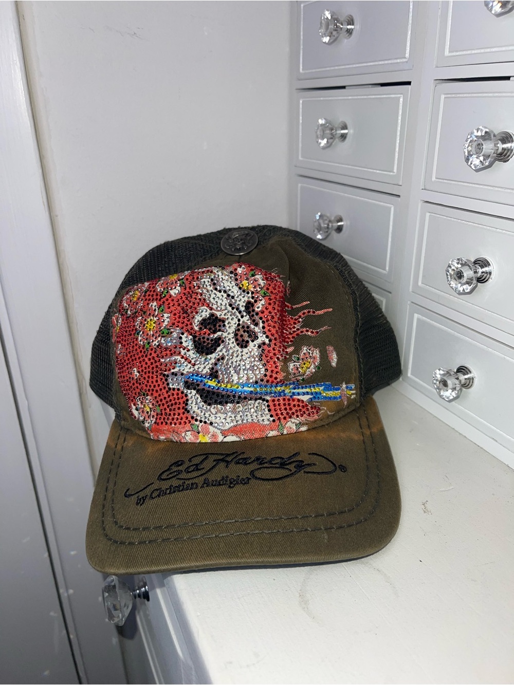 NWT Ed Hardy Olive Green and Blue Mesh Trucker Cap